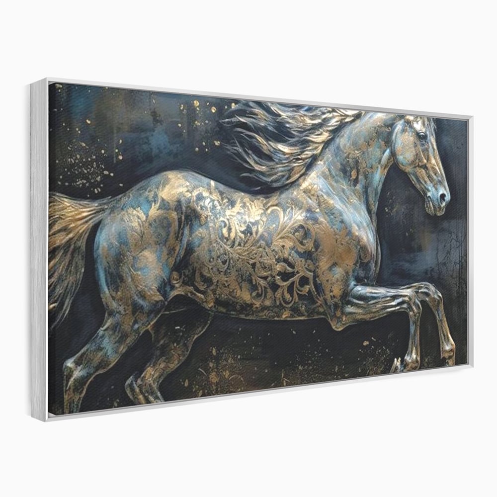 Tablou canvas cu tablou canvas cu armasar in galop, in rama de aluminiu argintiu